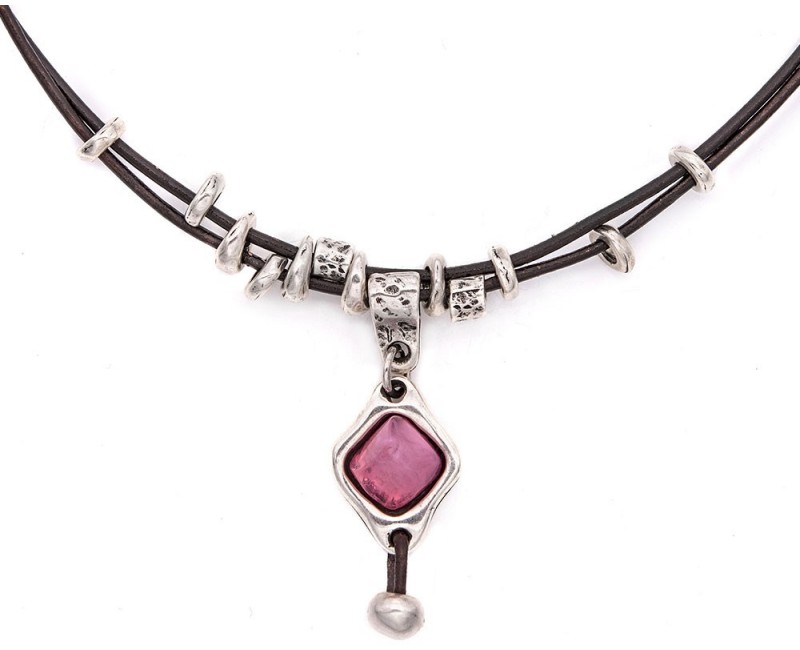 COLLAR - PIEL - PLATA - RESINA - MUJER - ELEGANTE - ROSA